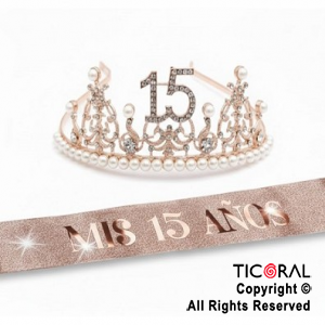 SET VINCHA Y BANDA MIS 15 A�OS PERLAS Y STRASS ROSA GOLD (10548G) X 1